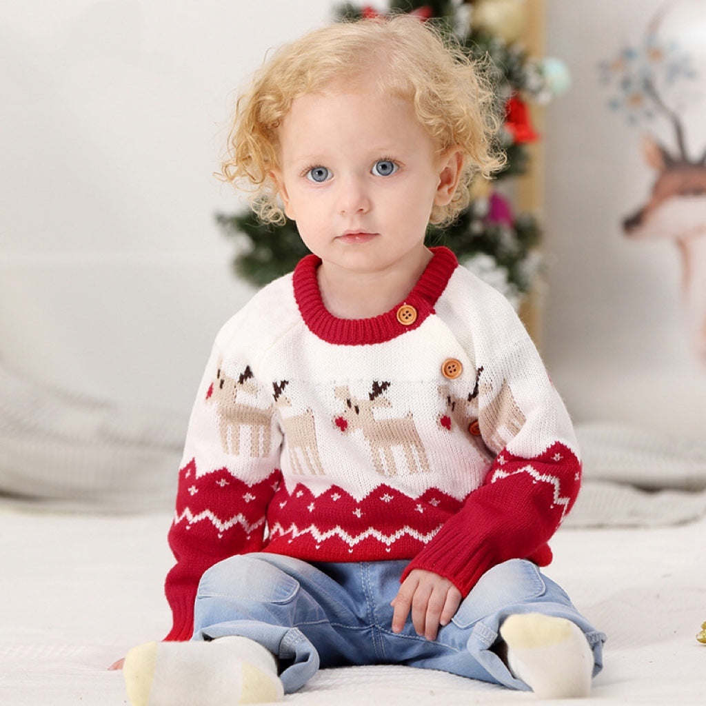 Baby Cartoon Christmas Deer Pattern Shoulder Button Design Knitted Pullover Sweater