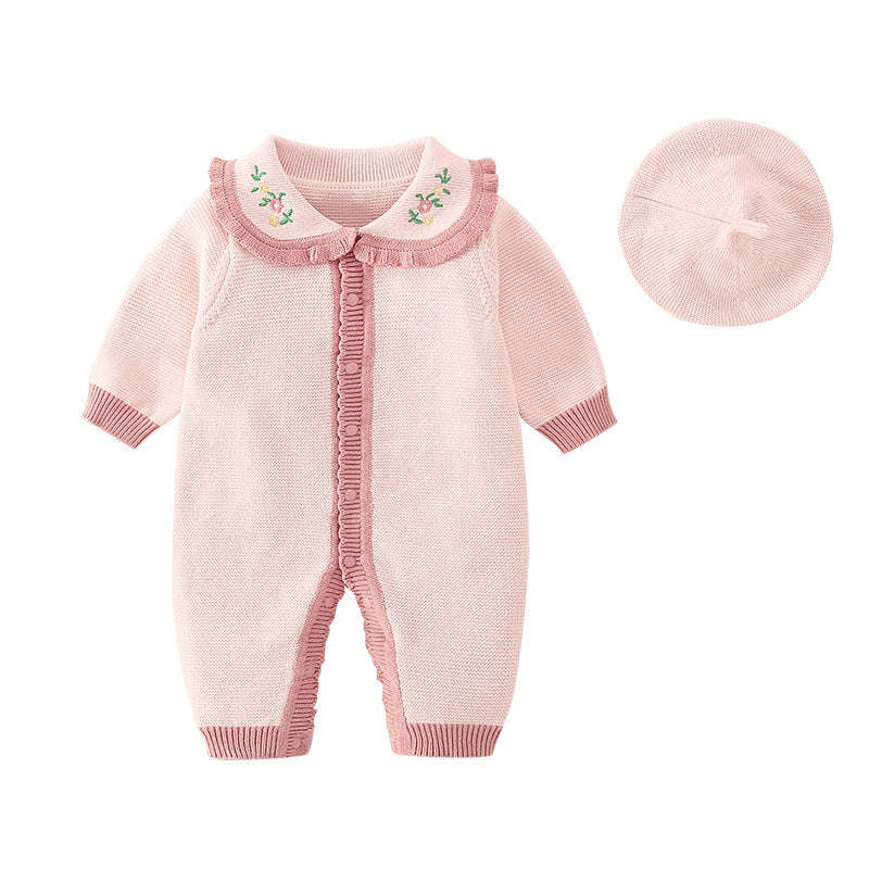 Baby Girl Floral Embroidered Pattern Knitted Romper With Hat