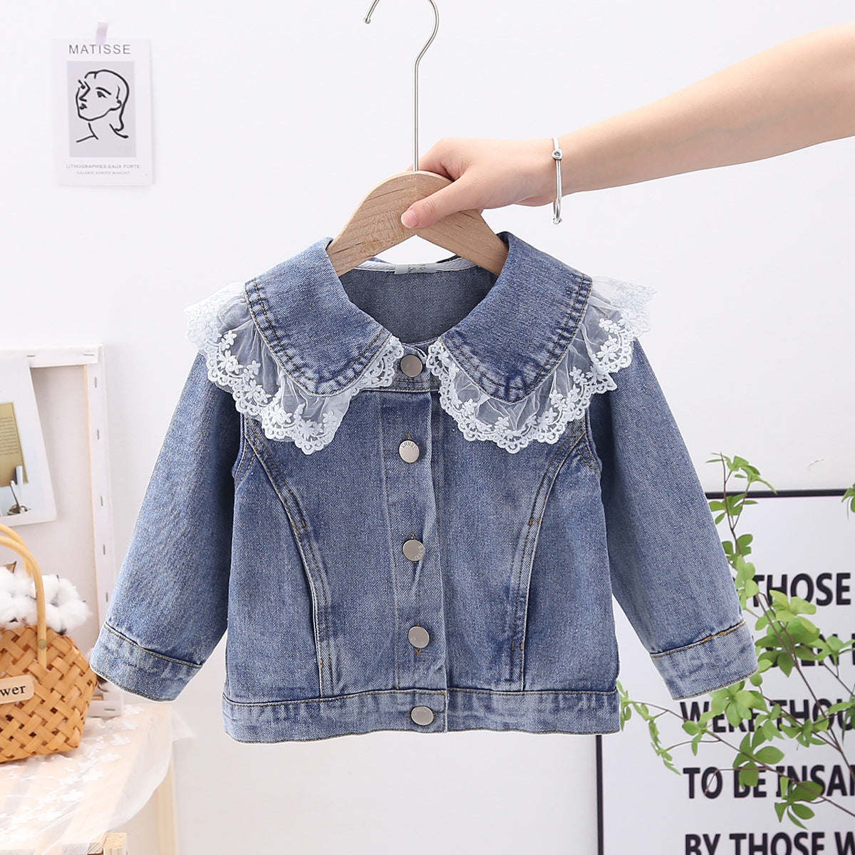 Baby Girl Lace Mesh Patches Doll Neck Button Front Design Sweet Style Denim Coat