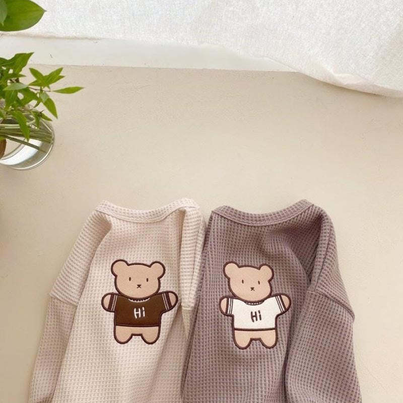 Baby Cartoon Bear Embroidered Pattern Waffle Fabric Hoodies Sets