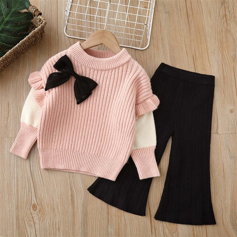 Baby Solid Color Bow Patched Sweater With Pants Sets